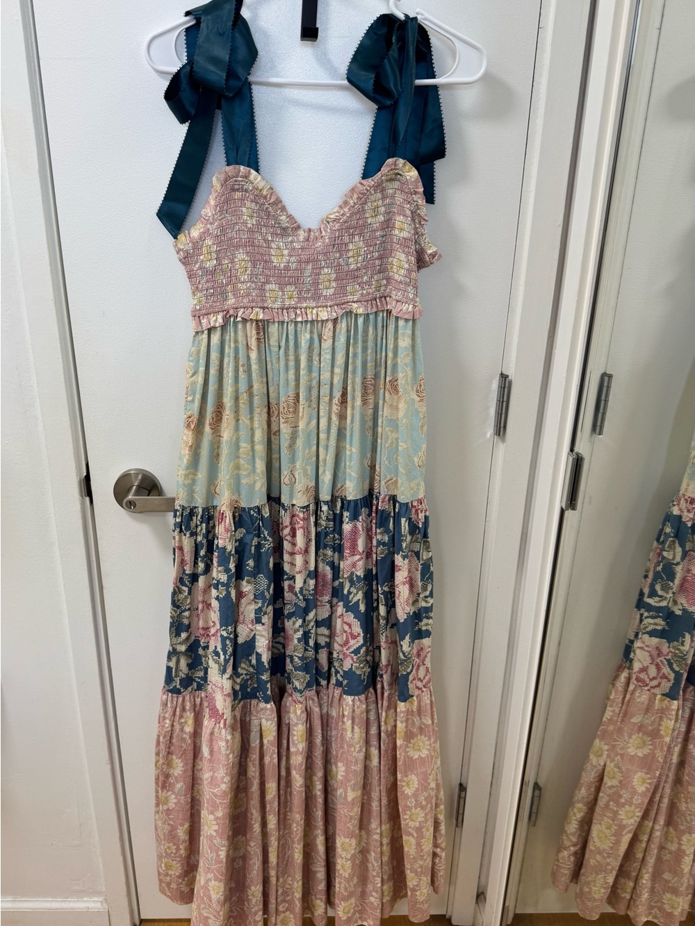 Free People Floral Tiered Maxi Dress with Navy Ribbon Ties